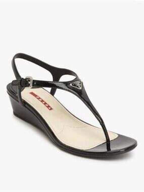 Prada Patent Leather Slip On Wedge Heel Thong Sandals Black Women's Size EU 40